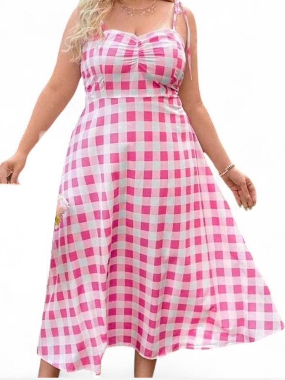 Retro vibes Pink & White Gingham Tie-Shoulder Midi Dress